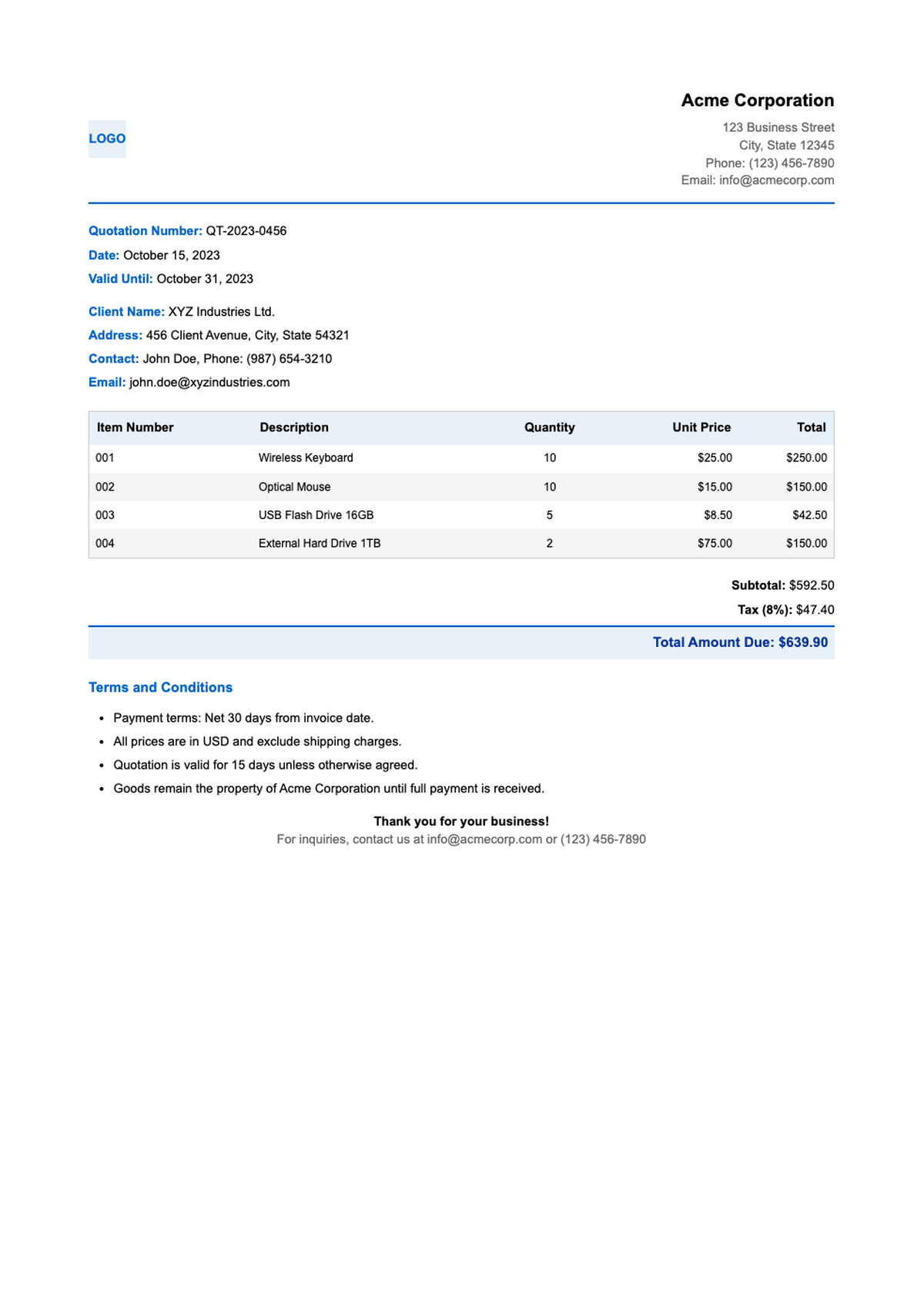 Professional quotation document with company logo and itemized pricing table_variant_1